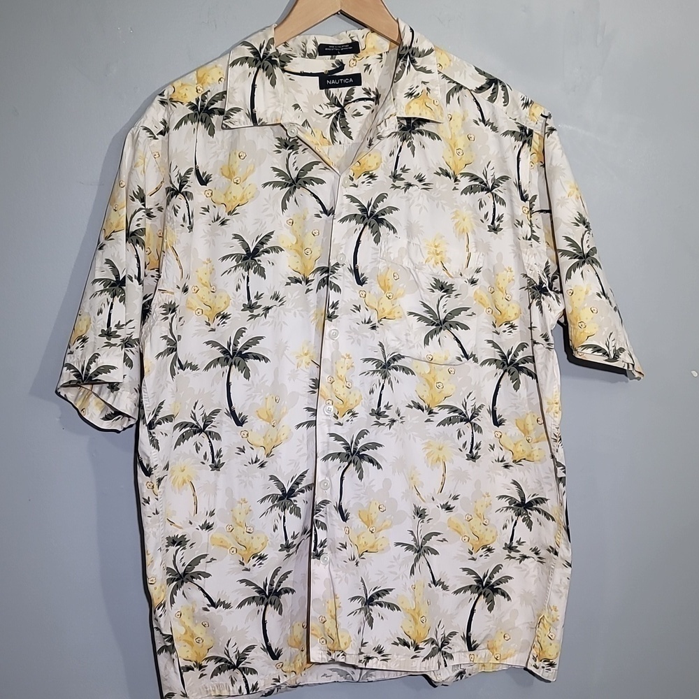 NAUTICA 90's Vintage Aloha Hawaiian Palm Tree Print Short Sleeve Button-Up Shirt